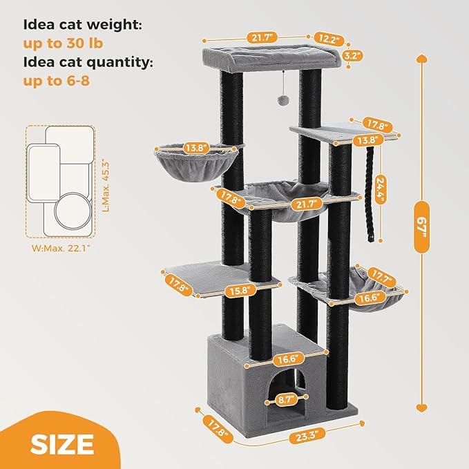 Large Cat Tree with 13 Thick Study Scratching Posts (φ4.3in)-67in Heavy Duty Cat Tower for Indoor Adult Cats with XXL Cat Condo, Super Big Perch & 3 Hammocks for Maine Coon 20 lbs -Gray