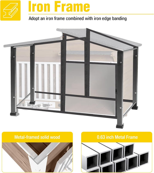 Chew-Resistant Dog House with Metal Frame, Wooden Kennel for Indoor & Outdoor Use, Waterproof Roof & Feeding Bowls Included (Brown, L)