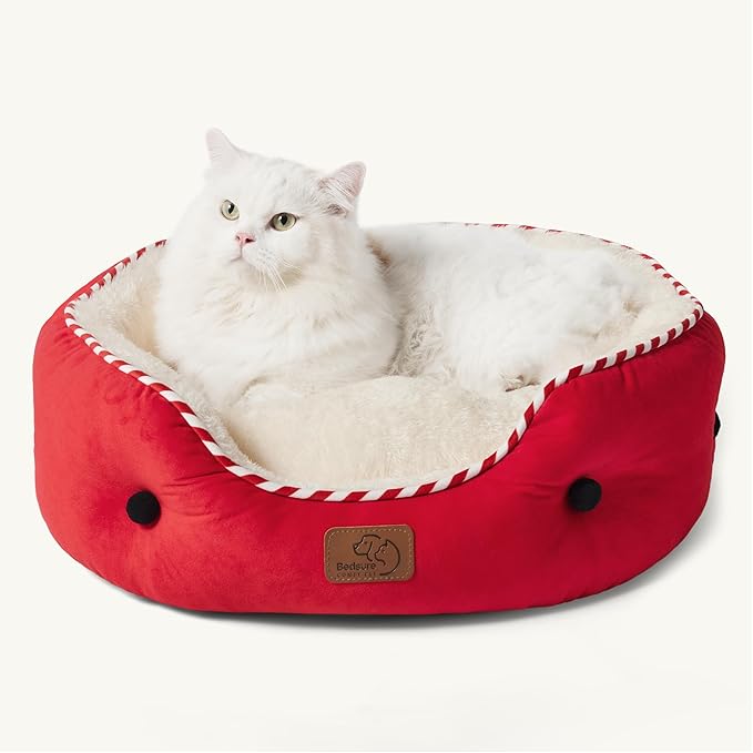 Bedsure Dog Beds for Small Dogs - Round Cat Beds for Indoor Cats, Washable Pet Bed for Puppy and Kitten with Slip-Resistant Bottom, 20 Inches, Antique Red