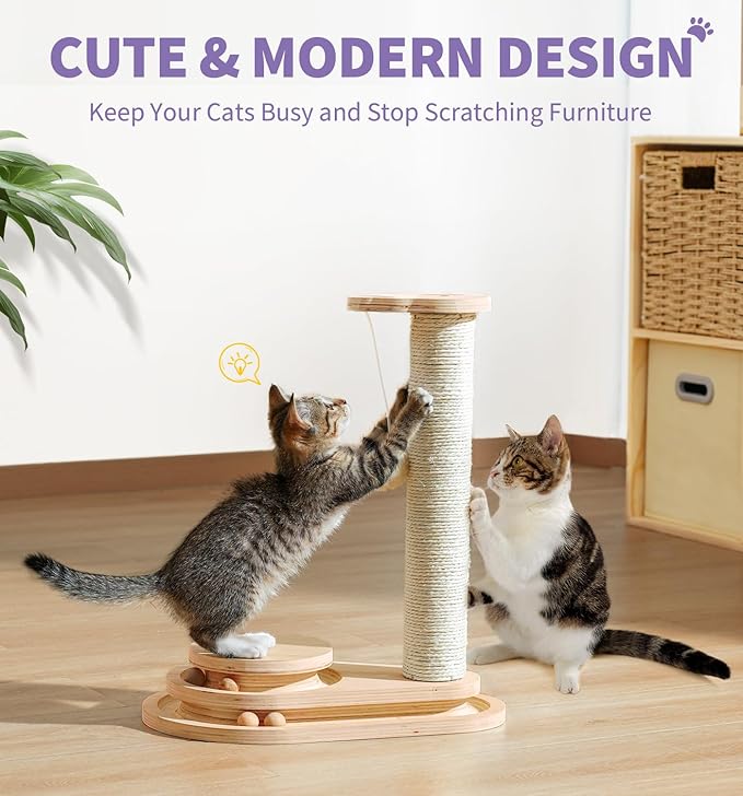 Made4Pets Cat Scratching Post Cat Scratcher Kitten Toys for Indoor Cats Wooden Ball Track Two-Layer Modern Sisal 17.7" Tall Scratch Post Interactive Toy with Dangling Ball