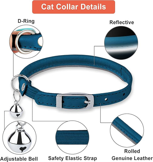 OOPSDOGGY Rolled Leather Cat Collar with Bell, Reflective Kitten Collars with Buckle Include Safety Elastic Strap - Adjustable Small Pet Collars for Boy Girl Cats (Blue)