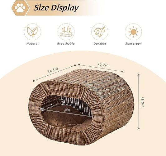 Cat House,Handwoven Cat Cave Pet Cube, Rattan Cat Beds Indoor Kitten House with Double-Sided Soft Cushions, Pet Cat House for Multiple Cats, for Living Room Bedroom