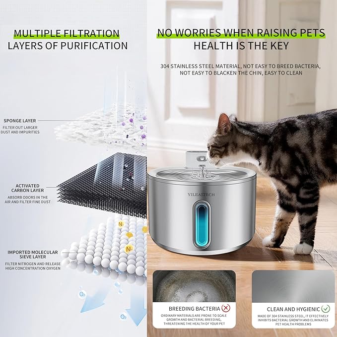 Wireless Cat Water Fountain Stainless Steel, 135oz/4L Cat Fountain, Battery Operated, Cordless Pet Water Fountain for Cats & Dogs with Motion Sensor, Ultra Quiet Pump, 12 Filters (SS, 4L)