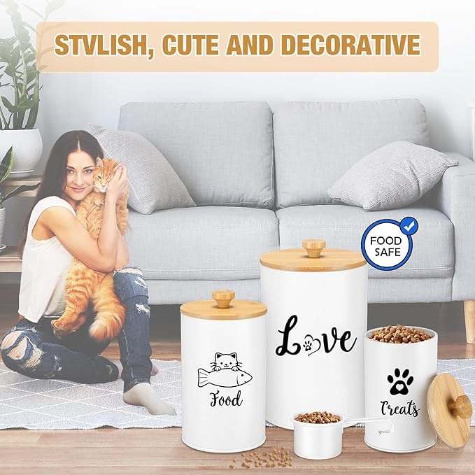 Metal Airtight Cat Treat Container Set of 3 with Bamboo Lids and Spoon Cat Food Storage Container with DIY Labels Pen Pet Cookie Snack Food Storage Organizer Jars for Kitchen Counter(White)