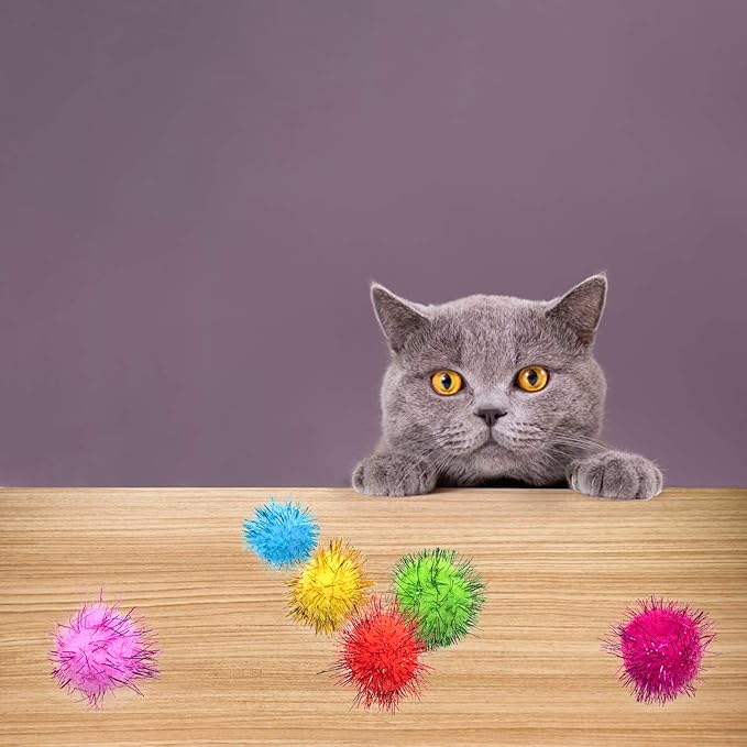 VAPKER 30 Piece 1.5" Assorted Color Sparkle Balls Cat's Favorite Toy Tinsel Pom Poms Glitter