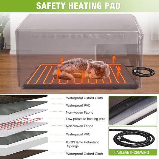 GUTINNEEN Heated Cat House with Anti-Chewing Cable Insulated Cat House Outdoor Weatherproof with Liner Feral Cat Shelter with Heater