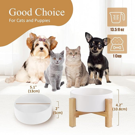 Elevated Ceramic Cat Bowl - Cat Food Bowl with Bamboo Stand - Raised Dog Dish for Puppies - Anti Vomiting, Stress Free - 13.5 oz / 400 ml - White