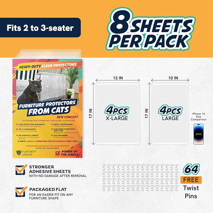 Panther Armor Furniture Protector, 8-Pack, Heavy Duty Anti-Scratch Cat Couch Protector, Transparent