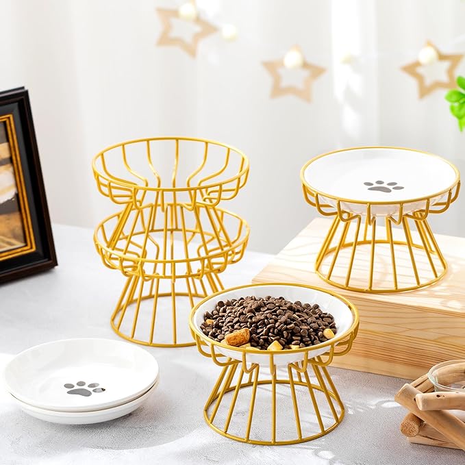 Roshtia 4 Sets Elevated Cat Bowls Ceramic Raised Cat Food Bowls with Metal Stand Dishwasher Safe Dishes Non Slip Elevated Food Plate(Gold,Paw)