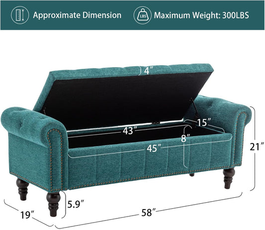 58’’ Storage Bench for Bedroom, Upholstered Button-Tufted Ottoman with Solid Wood Legs, Queen Size End of Bed Shoe Cabinet, Window Seat Foot Rest Stool for Entryway, Living Room (Teal)