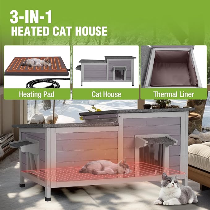 GUTINNEEN Heated Cat House Outdoor Cat House Insulated Large Weatherproof Feral Cat Shelter with Heated Pad, Insulated All-Round Thermal Liner, Chewproof Cable for 1-4 Cats (Winter-Ready)