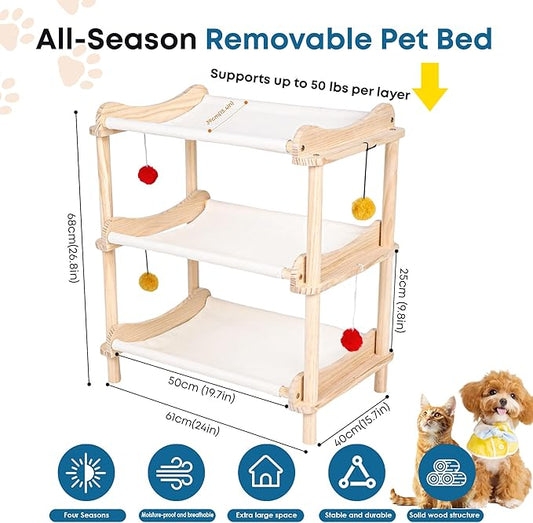 Large 3-Layer Cat Hammock Bed, 24"x15.7"x26.8" Elevated Cat Bed with Pine Wood Frame, Breathable Washable Covers, Wooden Pet Furniture for Indoor Cats and Small Animals(White, 3-Tier)