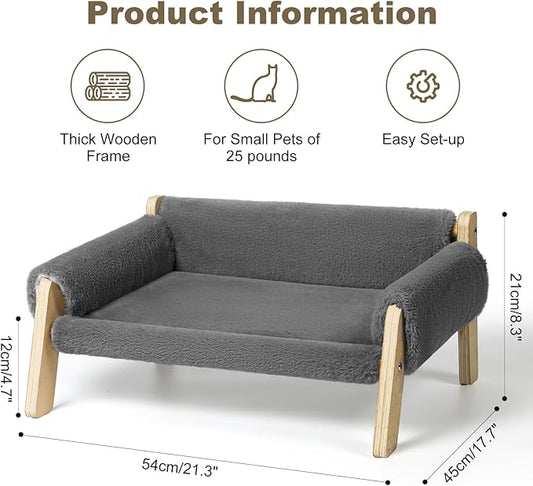 Elevated Cat Couch Bed for Indoor Cats - Wooden Pet Sofa with Removable Washable Thick Cover Raised Kitty Lounge Chair Suitable for Puppy or Small Animals(Cat Sofa Light-Grey)