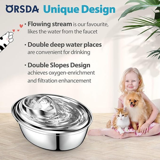 ORSDA Cat Water Fountain Stainless Steel, 2L Pet Fountain for Cats Inside, Dog Water Dispenser, Automatic Cat Drinking Fountains with 6 Replacement Filters for Cats, Small Dogs