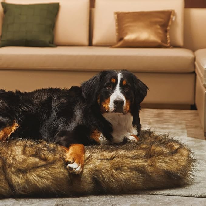 Laifug Large Faux Fur Dog Bed,5-inch Thick Grade Orthopedic Memory Foam Dog Bed(50"x30"x5"),Removable Cover with Anti-Slip Bottom,Waterproof Liner