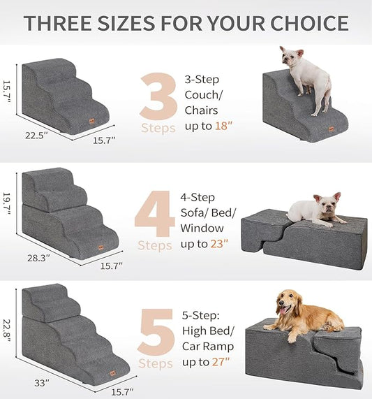Made4Pets Dog Stairs Ramp for High Bed, 5-Step Pet Stairs for Bed Couch Sofa Climbing, 35D Foam Pet Steps for Small Dogs and Cats, Non-Slip Bottom Dog Steps, Grey