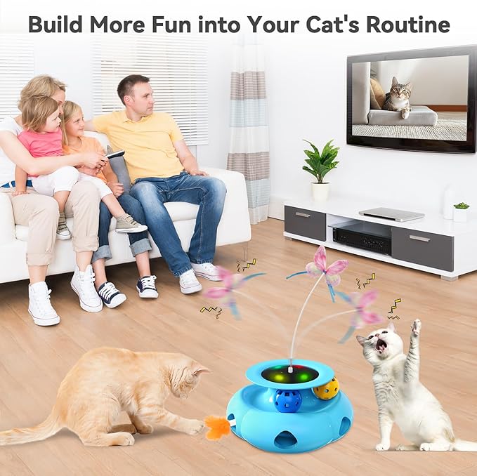 3in1 Interactive Cat Toys for Indoor Cats Rechargeable,Whack a Mole Cat Toy, Fluttering Butterfly, Track Balls, Automatic Kitten Toys Touch Activated, 2 Refill Feather