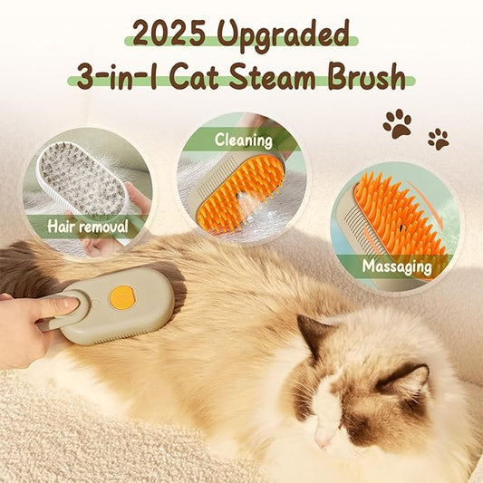 New Cat Steam Brush, 3 in 1 Pet Steam Groomer Brush, Rechargeable Pet Steam Groomer Comb for Massaging and Cleaning Shedding Pets Hair, Multifunctional Hair Removal Comb for Cats Dogs (Khaki+White)