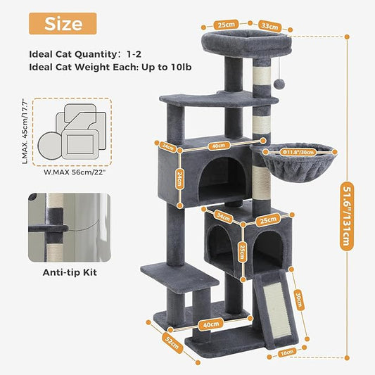 PAWZ Road Cat Tree, 51.6 Inches Cat Tower with Dual Condos, Spacious Perch, Cozy Basket and Sisal-Covered Scratching Posts for Small Cats and Kittens- Dark Gray