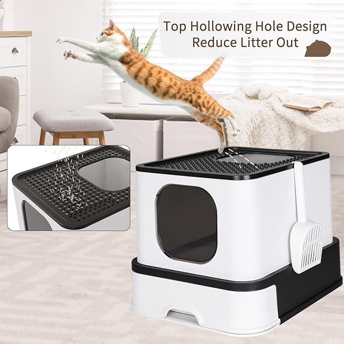 RIZZARI Large Enclosed Cat Litter Box : Covered Leak-Proof Reduces Odor - for Indoor Use Cat Owners (Black)