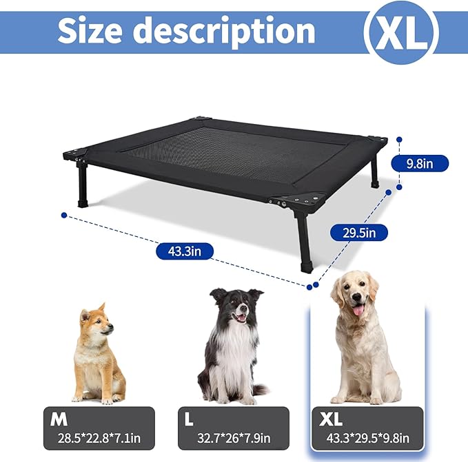 Pozico Elevated Outdoor Dog Bed - Foldable Cooling Dog Cot with Metal Frame, Portable Camping Pet Bed for Large & Medium Dogs, Breathable Mesh for Indoor & Outdoor Use, Black - XL