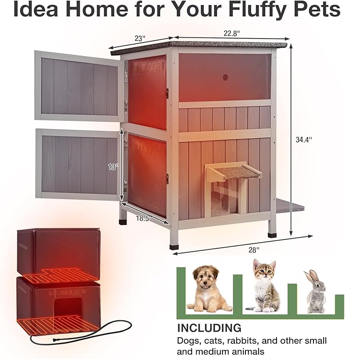 Heated Outdoor Cat House Insulated, 2-Story Outside Feral Cat Shelter with Weatherproof Roof and 2 Escape Doors, Kitty Condo with Heating Pad and Insulated Liner in Winter