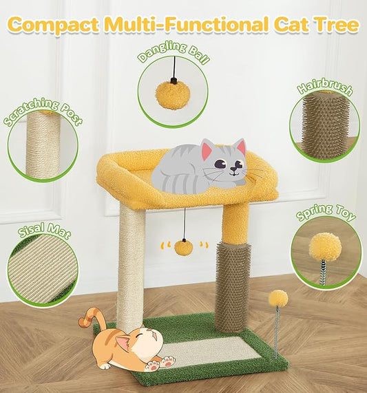 Made4Pets Small Cat Tree Tower, Cat Scratching Post 4-in-1 with Cat Self Groomer Brush, 20" Tall Natural Sisal Cat Scratcher, Soft Plush Cat Perch Bed with Dangling Ball for Indoor Kittens, Green