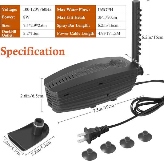 FEDOUR 165GPH Aquarium Filter U-V, 8W Adjustable Fish Tank Filter, U-V Submersible Internal Filter for 10-50 Gallon Tank, with Biochemical Cotton