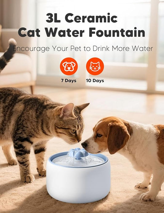 WOPET Ceramic Cat Water Fountain W03 Lite,3L/101oz Ceramic Pet Fountain,Automatic Water Fountain for Cats & Dogs, Fashion Cat Fountain with Ultra-Quiet Pump and Filter & Sponge White Blue