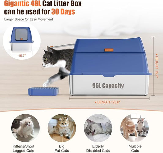 Stainless Steel Cat Litter Box with Lid Extra Large Open-Top Dual Entry Enclosed Metal Pan Tray with High Sides Pedal Scoop Non-Stick Anti-Leakage Easy Cleaning for Big Multi-Cat (Blue)