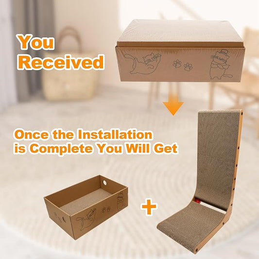 L-Shaped Cat Scratcher 2-in1 Scratching Board for Indoor Cats Protecting Furniture Cardboard Box Scratch Pad with Ball Toy