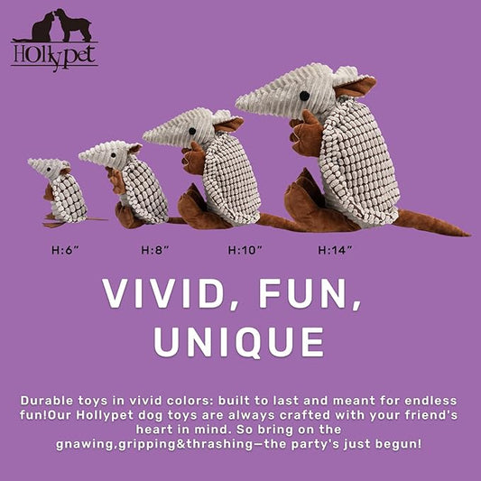 Hollypet Plush Dog Squeaky Toy Stuffed Armadillo Animal Pet Puppy Chew Toys with Clean Teeth for Small Medium Large All Breed Sizes Dogs, Gray Large, 8 in