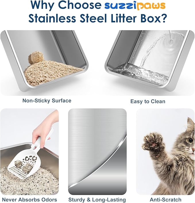 8" Deep Stainless Steel Cat Litter Tray with Lid Extra Large Litter Box for Big Cats XL Metal Litter Box Pan with High Wall Sides Enclosure, Non-Sticky, Anti-Leakage, Easy Cleaning