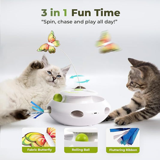 ALL FOR PAWS 3 in 1 Interactive Cat Butterfly Flutter Toy with Rolling Balls, Poping Feather Toy Automatic Kitten Spinner Toys, Mental Stimulation for Indoor Cats, USB Rechargeable Kitty Toys