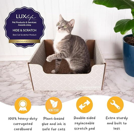 HIDE & SCRATCH Cat Scratcher Box and Cat Bed with Refillable Double-Sided Cardboard Scratch Pad for Indoor Cats