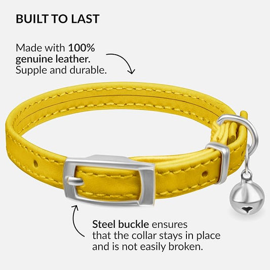 CollarDirect Leather Cat Collar with Bell - Kitten Collar, Small and Big Cat Strap for Boy Cats, Girl Cats with Safety Elastic Strap (Neck Fit 6"-7", Yellow)