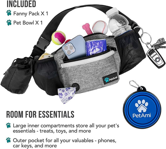 PetAmi Dog Fanny Pack, Treat Pouch for Dog Walking, Training, Built in Poop Bag Dispenser, Water Bottle Holder, Collapsible Bowl, Pet Treat Waist Belt for Hiking, Running, Kibbles (Grey)