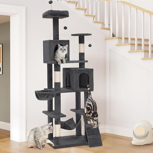 YITAHOME 75in Cat Tree Tower for Indoor Cats, Multi-Level Cat Furniture with Scratching Posts, Cat Caves, Padded Perch, Cozy Hammock, Ladder, and Plush Balls for Kittens, Pet Play House Dark Gray