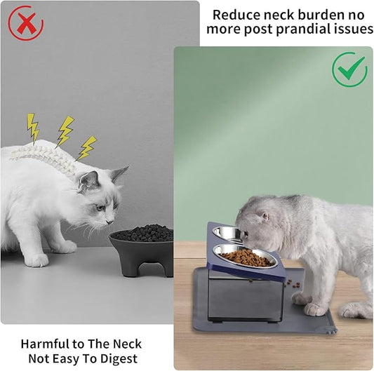 Upgraded Elevated Cat Bowls with Food Mat,15°Tilted Stand Anti Vomiting Raised Cat Dishes for Food and Water,2 Stainless Steel Bowls for Cats and Puppies(Navy Blue)