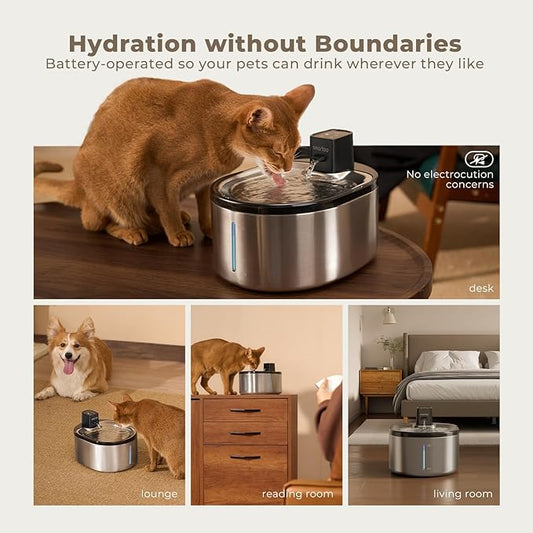 Wireless Cat Water Fountain Stainless Steel, 152oz/4.5L Cat Fountain Battery Operated, Cordless Pet Water Fountain for Cats & Dogs with Motion Sensor, Ultra Quiet Pump, 6 Filters