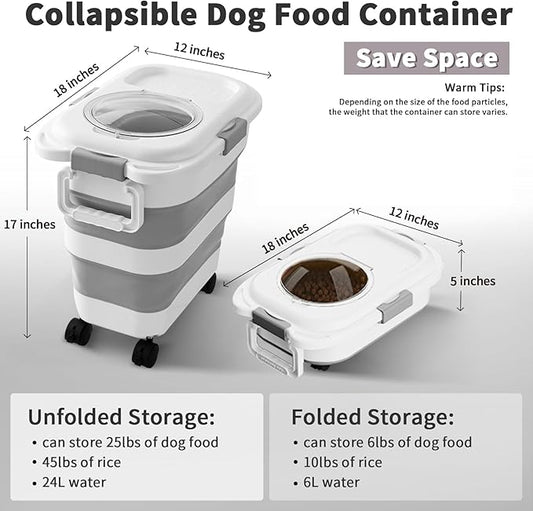 25 Lbs Dog Food Storage Container, Collapsible Dog Food Container with Scoop for Pet/Dog/Cat/Bird Food,Keep Dry Food Fresh,Easy to Move (White)