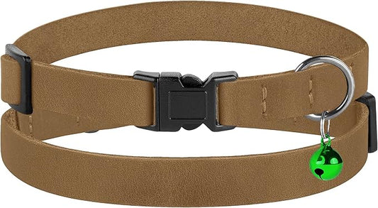 Breakaway Cat Collar Leather with Removable Bell - 13 Colors Available - Soft Adjustable Girl Boy Safety Lightweight Pet Kitten Collars Pink Brown Blue Green Red Orange Black (Brown)