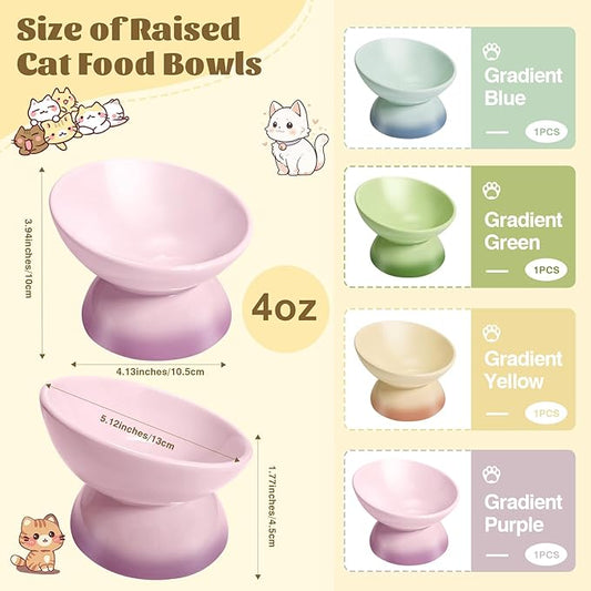 4Pcs Ceramic Raised Cat Bowl Elevated Cat Bowls Tilted Cat Food Dishes Pet Bowl Stand Feeder Cute Cats Bowl for Kittens Puppies Small Dog Whisker Fatigue Protect Kitten Spine(Gradient Color)