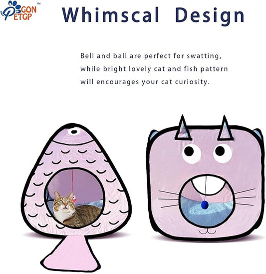 Cat Tunnel for Indoor Cats with Cube Tent Toys Combo, Crinkle Paper Collapsible Interactive Pet Cat Tubes with Play Ball and Bell for Puppy, Kitty, Kitten, Rabbit (3 in 1 Set