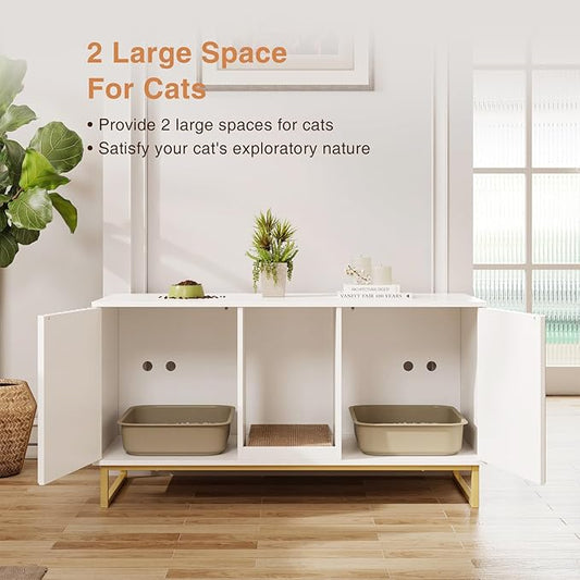 Cat Litter Box Enclosure for 2 Cats, 47.6’’ Litter Box Furniture Hidden with Scratch Pad, Double Room Large Cat Cabinet, Indoor Pet House TV Stand Side Table,Cats Washroom, White
