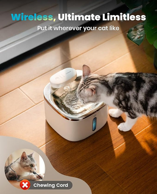 oneisall Wireless Cat Water Fountain, 3.5L/118oz Battery Operated Pet Drinking Fountains Stainless Steel for Cats Indoor, Cordless Cat Fountains with Motion Sensor, Stainless Steel White(Hale 3.5L)