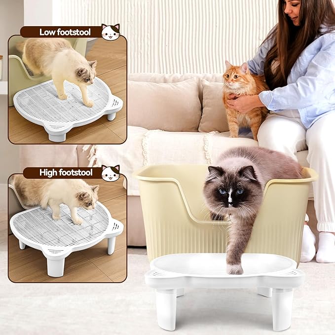 Adjustable Cat Ramp Litter Box Step Double Layer with Filter Function, Elevated Litter Box Ramp for Senior Cats Easy Cleaning Cat Litter Tray for Floor Indoor (White)