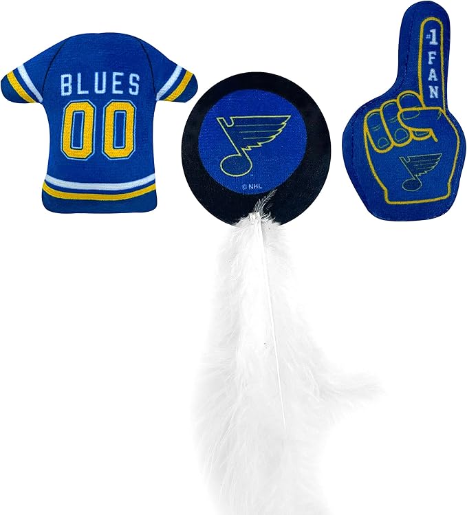 Best Plush CAT Toy NHL ST Louis Blues Complete Set of 3 Piece Cat Toys Filled with Fresh Catnip. Includes: 1 Jersey Cat Toy, 1 Hockey Puck Cat Toy with Feathers & 1#1 Fan Cat Toy. Beautiful Team Logo
