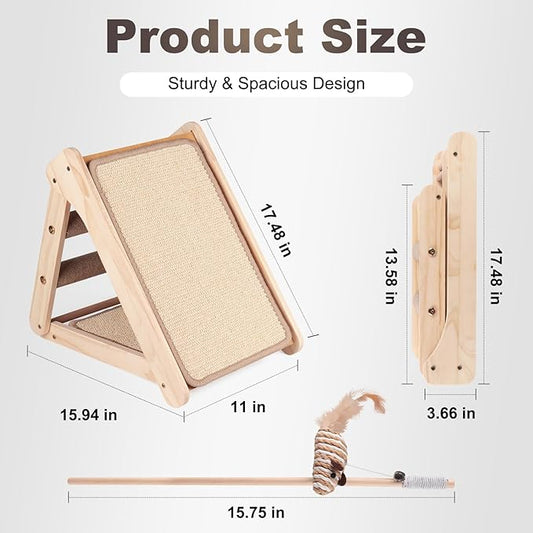 Sisal Cat Scratcher Board,Triangular Cat Scratch Ramp with Climbing Ladder,Wooden Scratching Board with 2 pcs Sisal Pad for Kittens and Small Animals Indoor Use