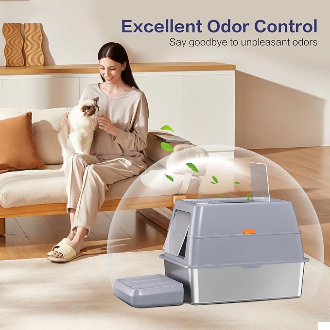 XXXL Stainless Steel Litter Box with Lid,Extra Large 28"L*20"W*18.1"H Metal Cat Litter Boxs,Jumbo Enclosed Removable Litter Box High Sides For Big Cats,with Cat Litter Scoop, Leak-Proof, Easy to Clean